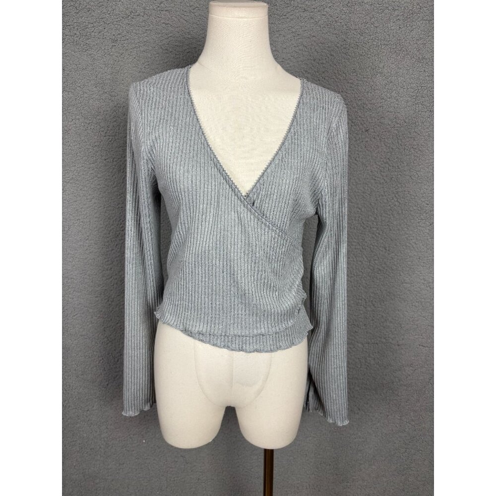 Planet Heart Juniors' Women's Surplice-Neck Ribbed Long Sleeve Top Gray XL NWT's